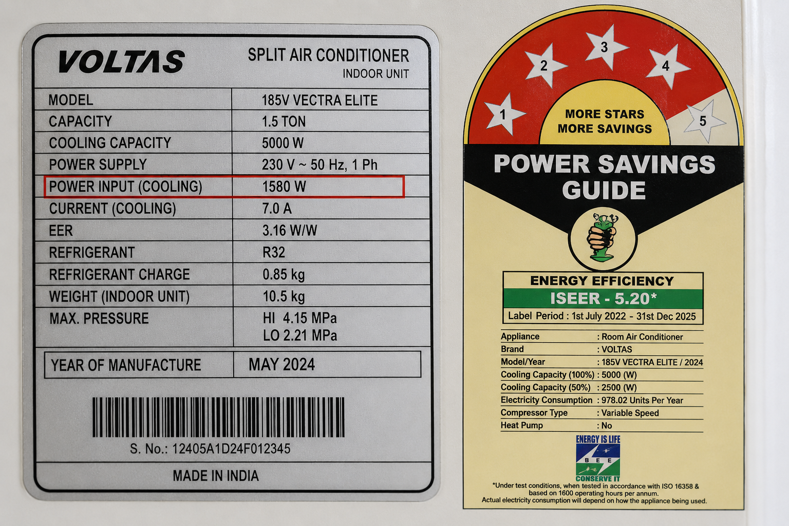 Close-up of a 1.5 ton AC nameplate showing rated power input and star rating