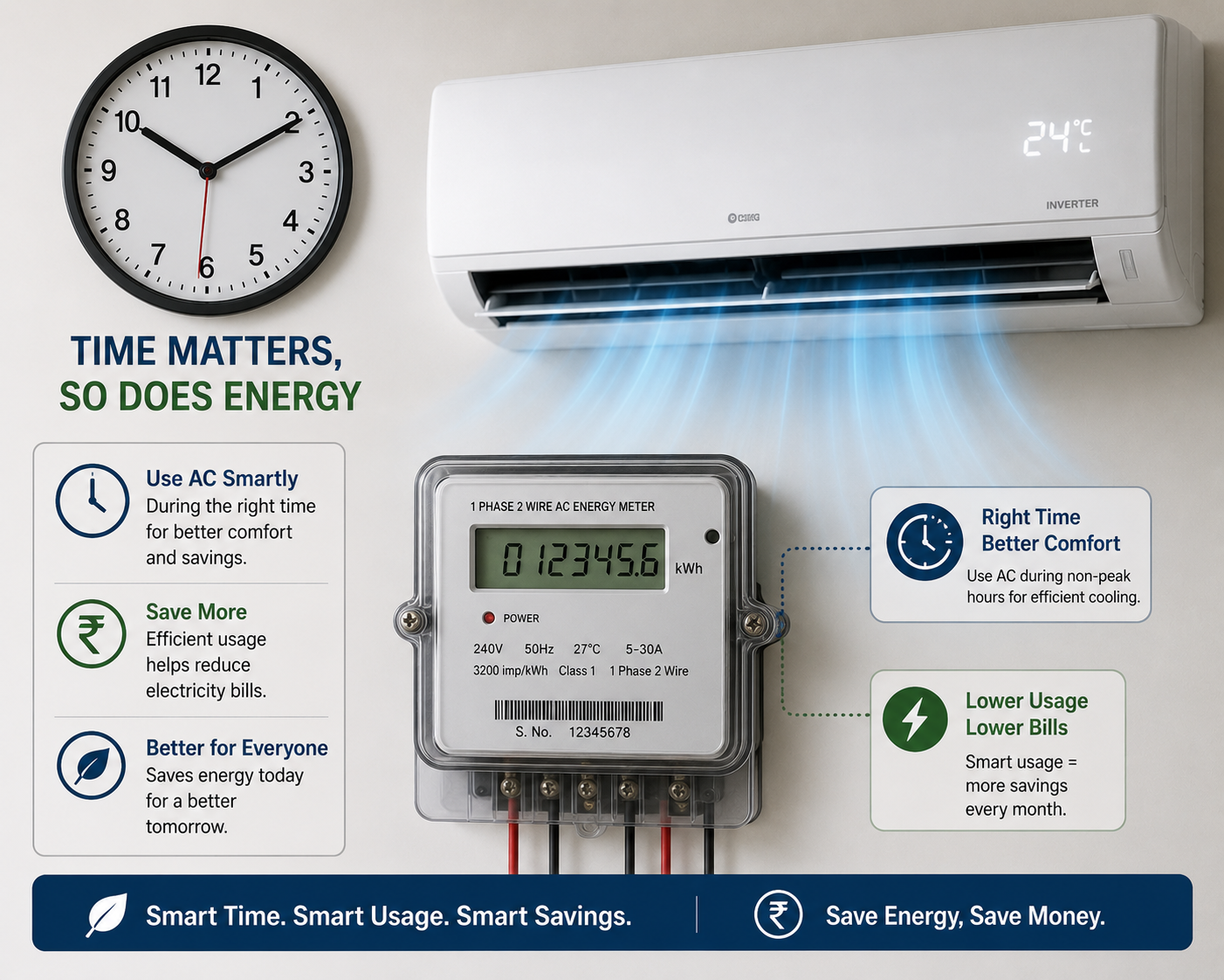 Clock and electricity meter graphic showing AC hourly cost