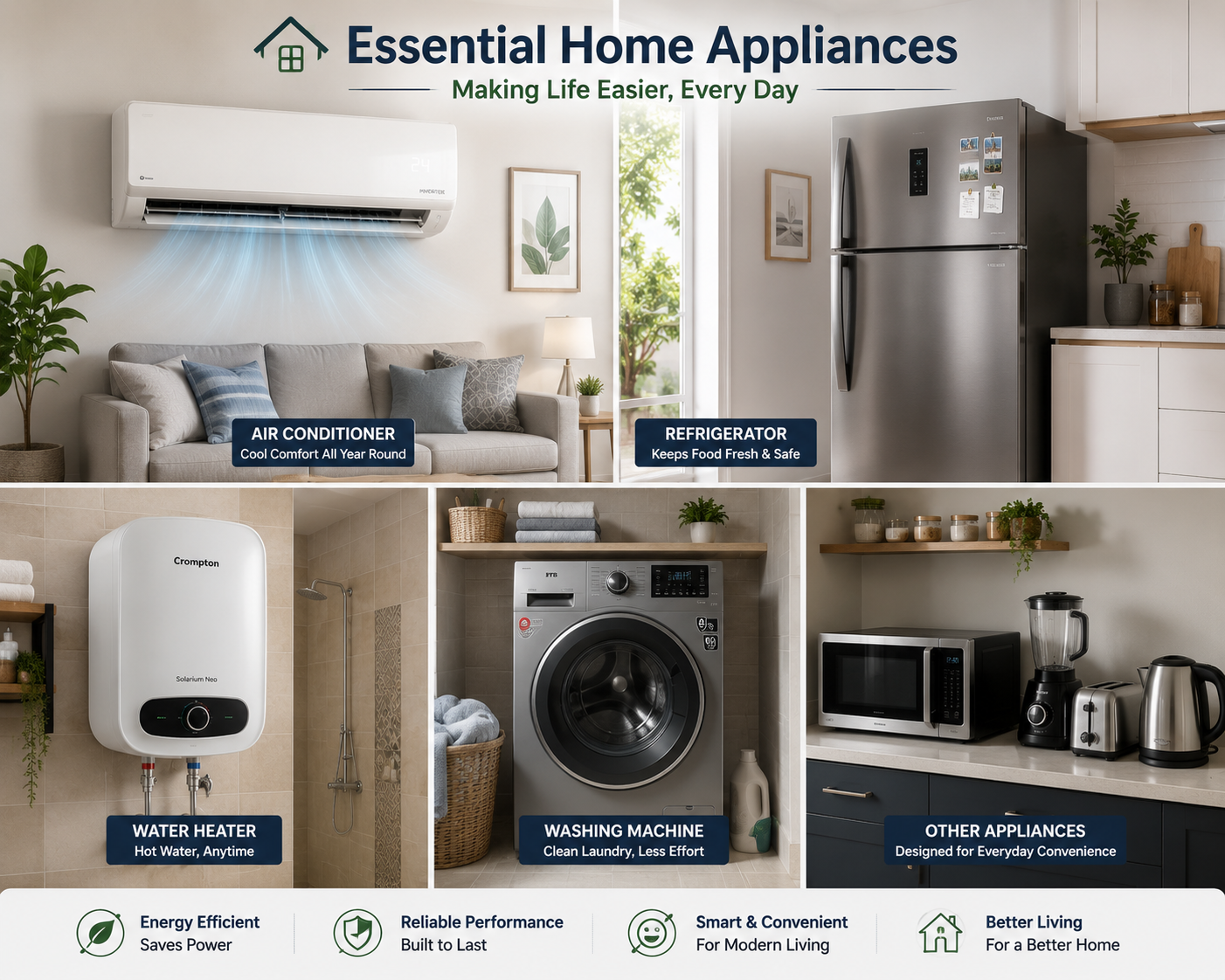 Collage of common home appliances including an AC unit, refrigerator, water heater, and washing machine