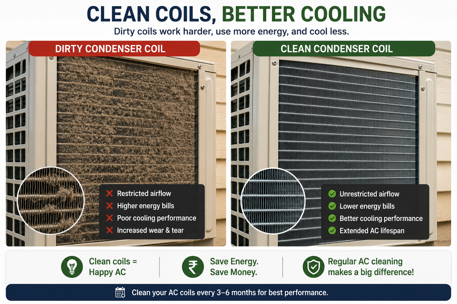 Comparison of a dust-covered AC condenser coil and a clean one