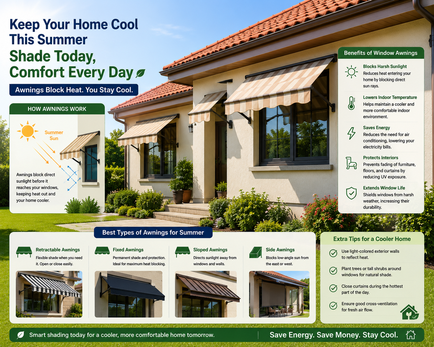 Home exterior with shaded windows using awnings to block summer sun